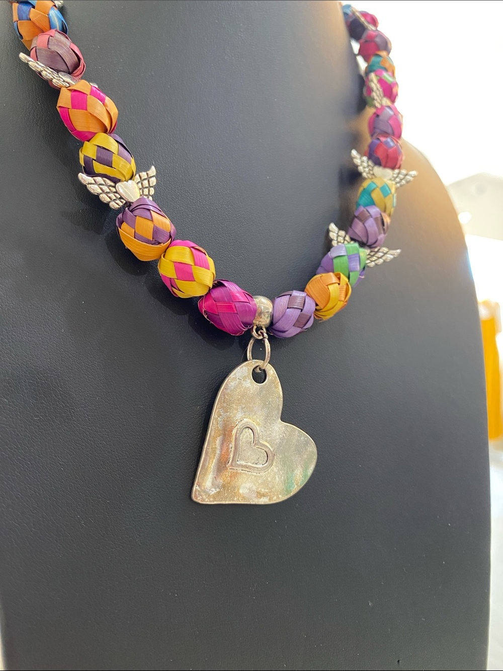 Handmade Multicolor Braided Bead Heart Pendant Necklace - Women Jewelry - Picture 2 of 4
